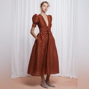 Lovaan Boehm Linen-Silk Puff-Sleeve V-Neck Midi Dress